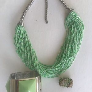 Light Green Seed Bead Necklace and Plastic Cuff Bracelet and Stretchy Ring